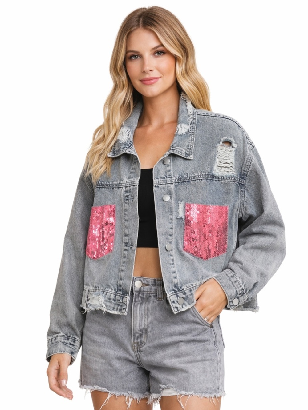 BiBi Distressed Denim Jacket Pink Sequin Pockets Oversized Jean Jacket